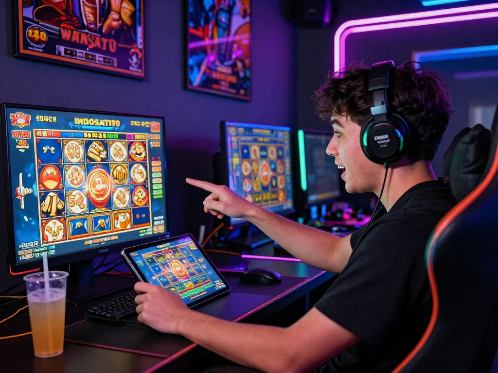 Player using INDOSATOTO app on tablet, immersed in vibrant slot games.