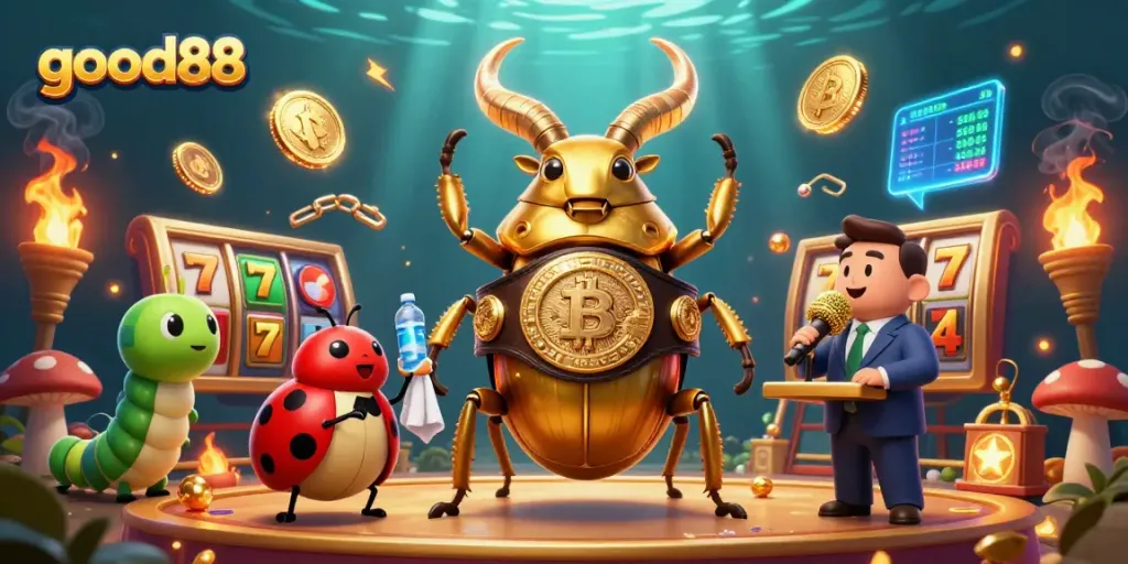 Engage with the action at good88 as the giant stag beetle fights with slot machine elements igniting excitement.