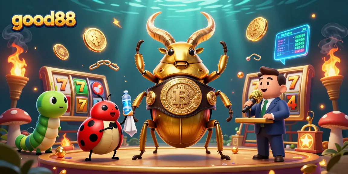 Engage with the action at good88 as the giant stag beetle fights with slot machine elements igniting excitement.