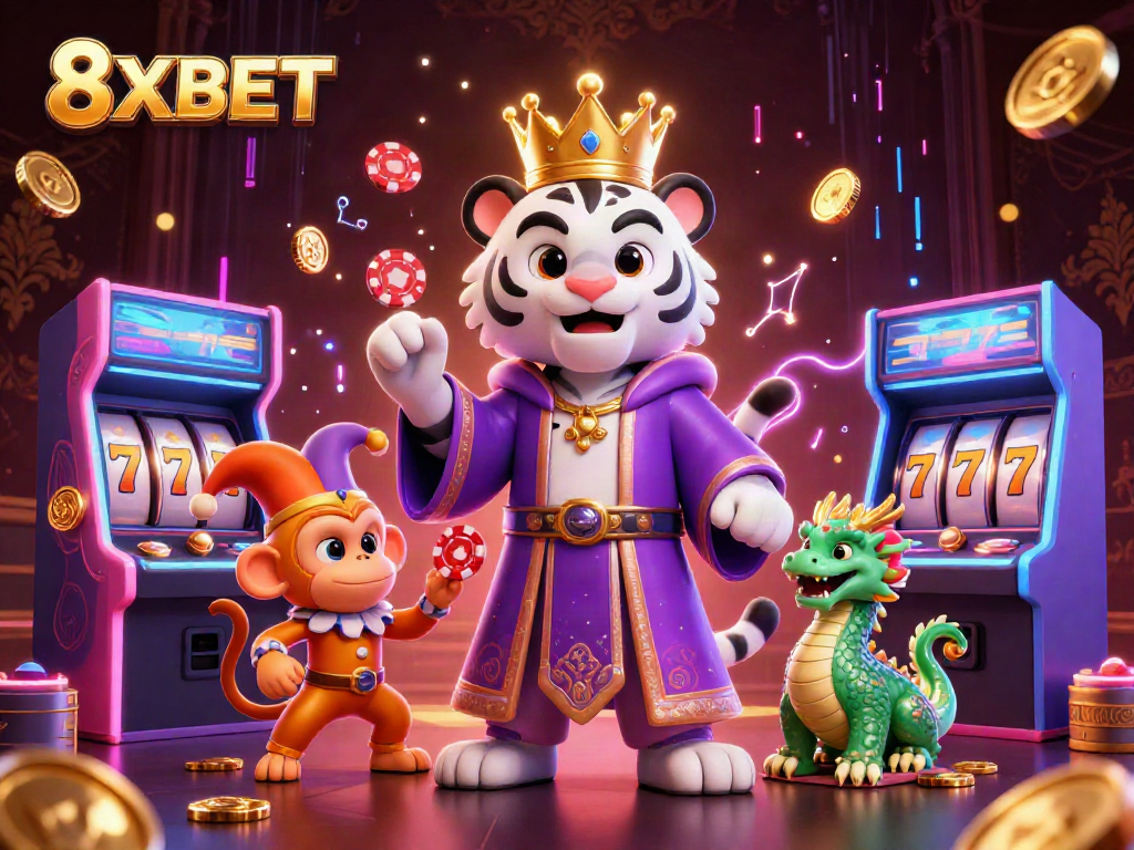 Engage with 8XBET's vibrant casino experience featuring a royal tiger, jester monkey, and lively dragon.