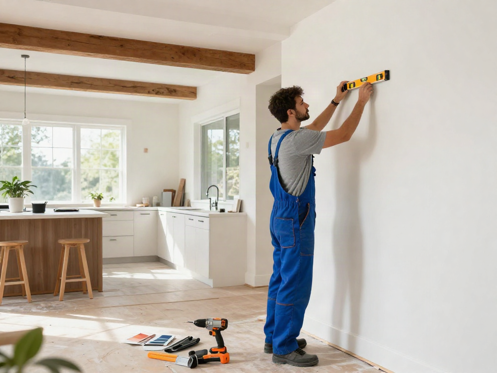 Pinecrest remodeling in progress with contractor measuring walls and renovation tools visible.