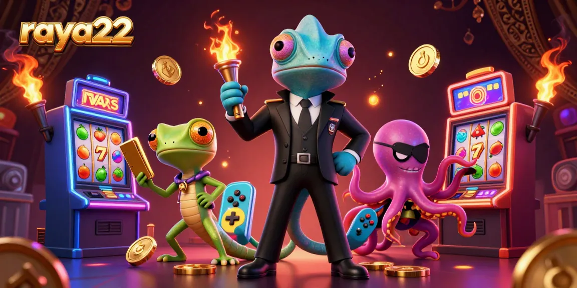 Gambaran ilustrasi 3D menampilkan karakter raya22 dengan mesin slot cerah dan simbol keberuntungan.
