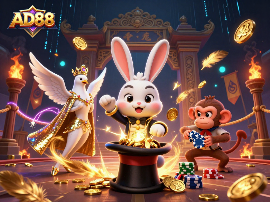 Engage in the thrilling world of AD88 casino adventures with a vivid illustration of a magician rabbit, dove, and monkey amid dynamic gaming elements.