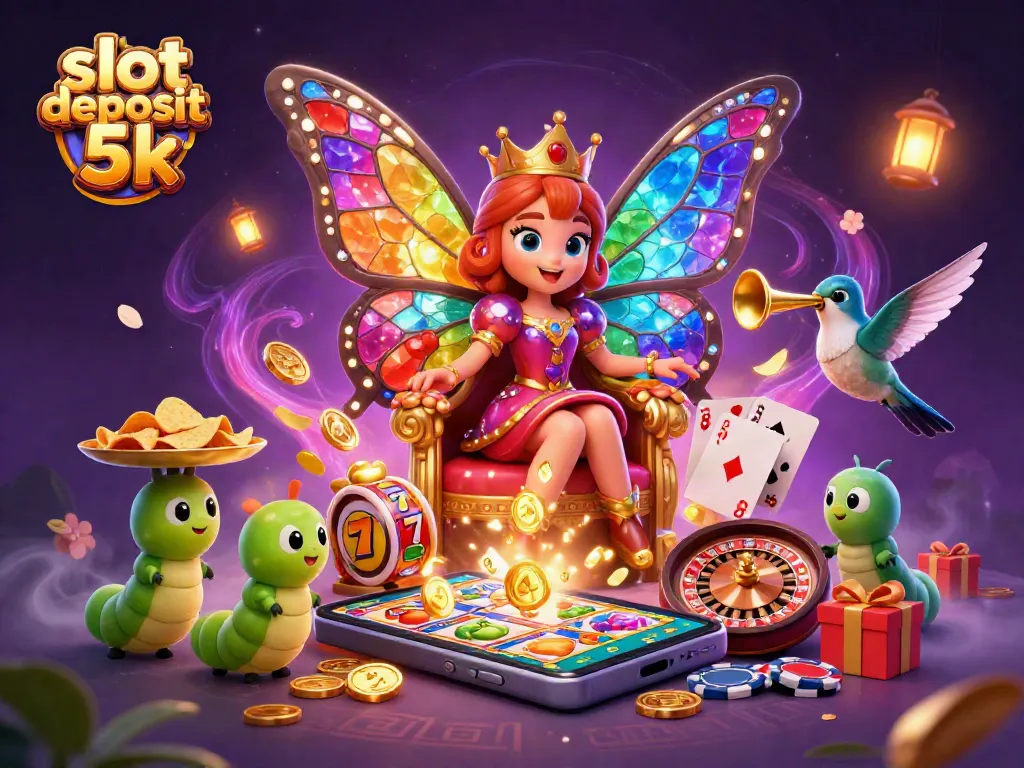 Experience the excitement of slot deposit 5k with vibrant colorful characters in a magical casino scene.