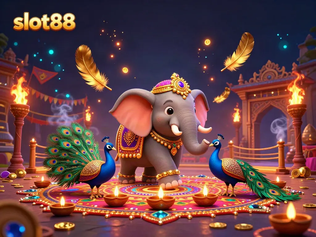 Experience thrilling jackpots with slot88 in a vibrant 3D cartoon scene featuring festive characters and casino elements.
