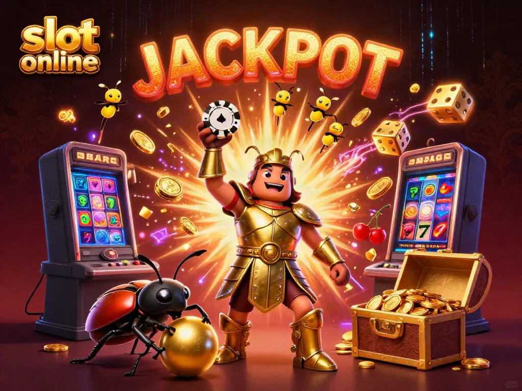 Experience the thrill of slot online with a dynamic 3D scene featuring jackpot celebration elements and characters.