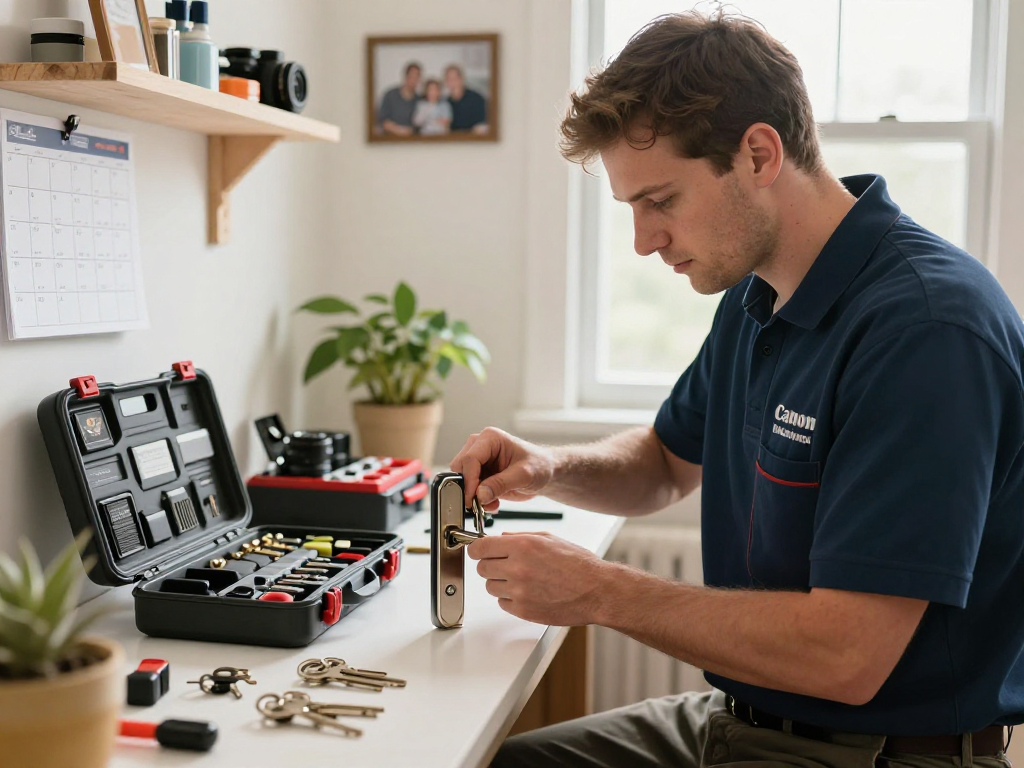 Locksmith near me rekeying a door lock in a friendly workshop environment, showcasing expert tools and craftsmanship.