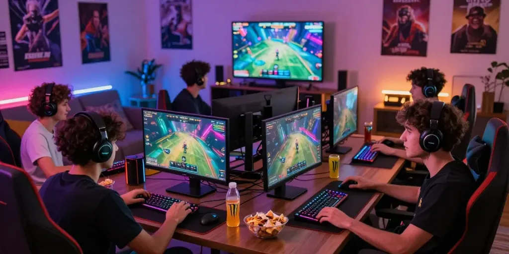Engaged gamers enjoying an online gaming session on QQMacan in a vibrant living room.