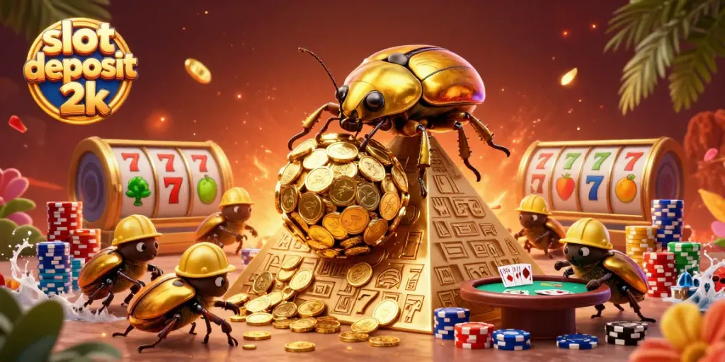 Engage with slot deposit 2k in a vibrant 3D illustration of golden beetles, slot reels, and poker elements.