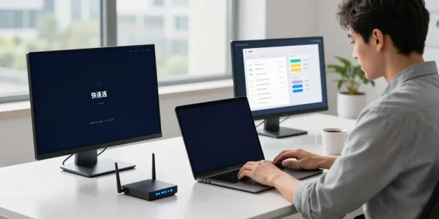 快连 technology workspace with developer showcasing network acceleration tools.