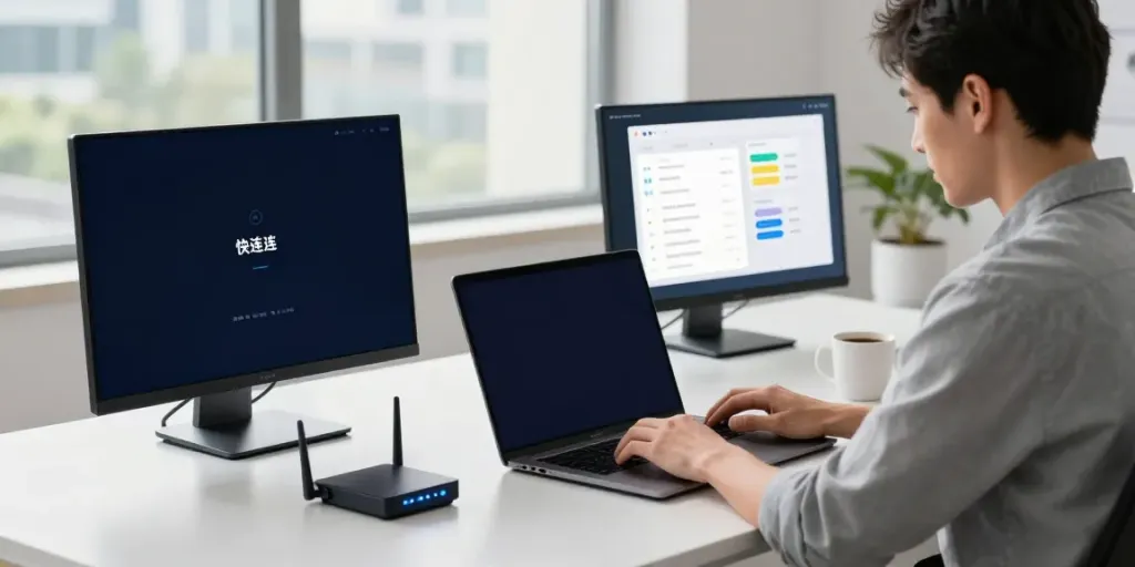 快连 technology workspace with developer showcasing network acceleration tools.