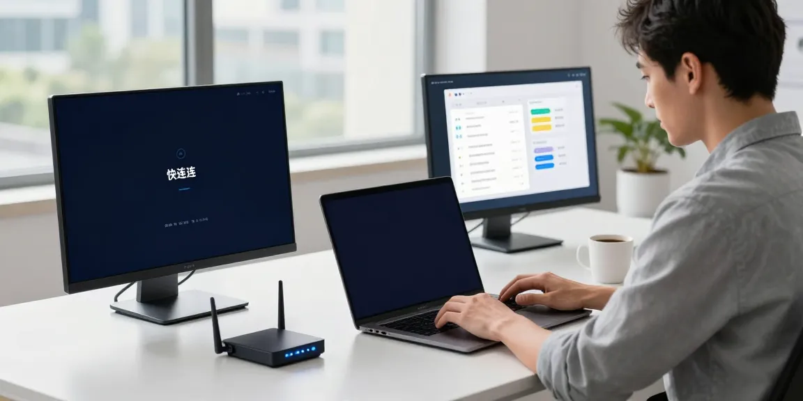 快连 technology workspace with developer showcasing network acceleration tools.