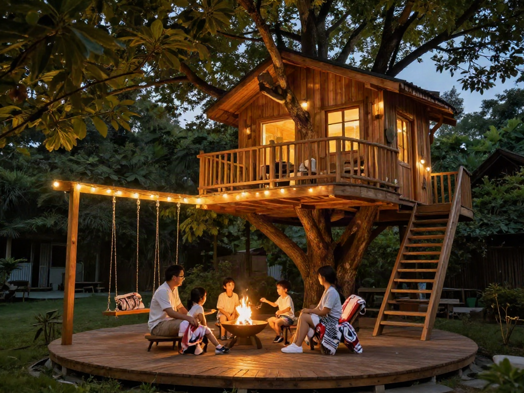 Family enjoying tree house life around a fire pit at twilight.