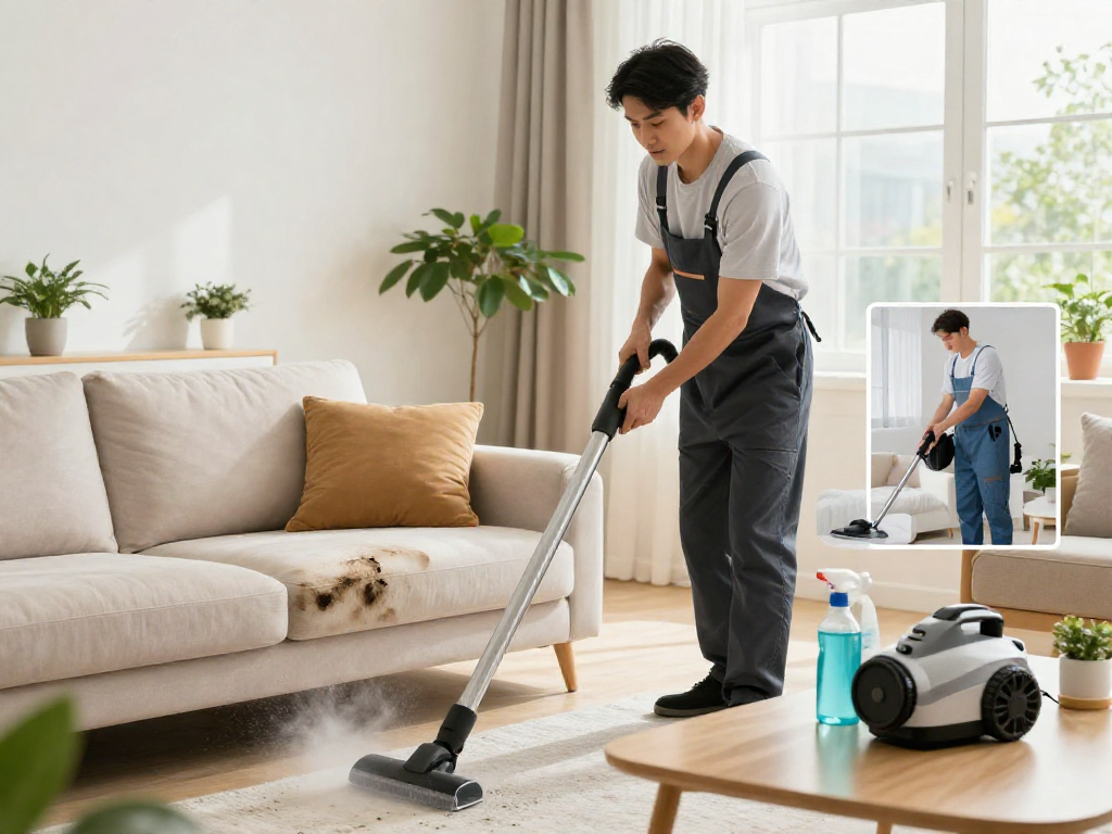 Pranie tapicerki we Wrocławiu przez profesjonalistę z Panda Cleaner, widoczne efekty czyszczenia.