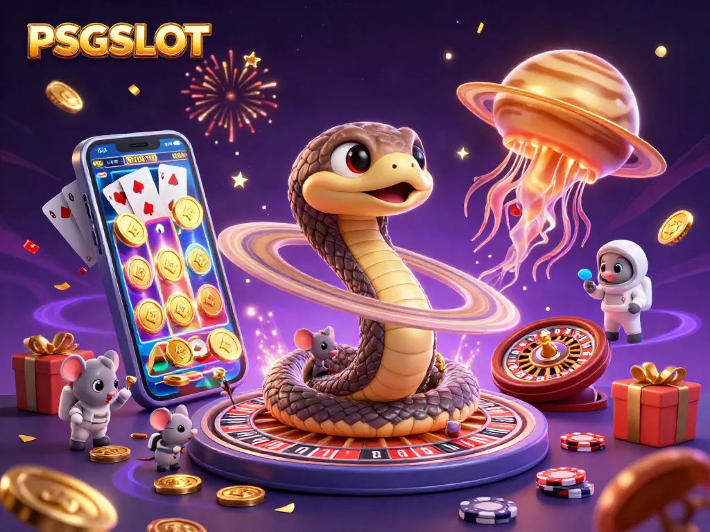 Experience the excitement of PSGSLOT with a vibrant 3D casino scene showcasing colorful gaming elements.