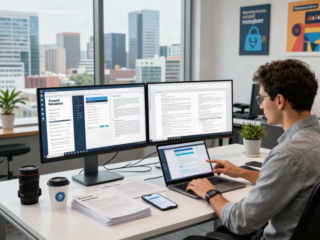 Professional analyzing document fraud detection software in a modern workspace, highlighting technology and analytics.