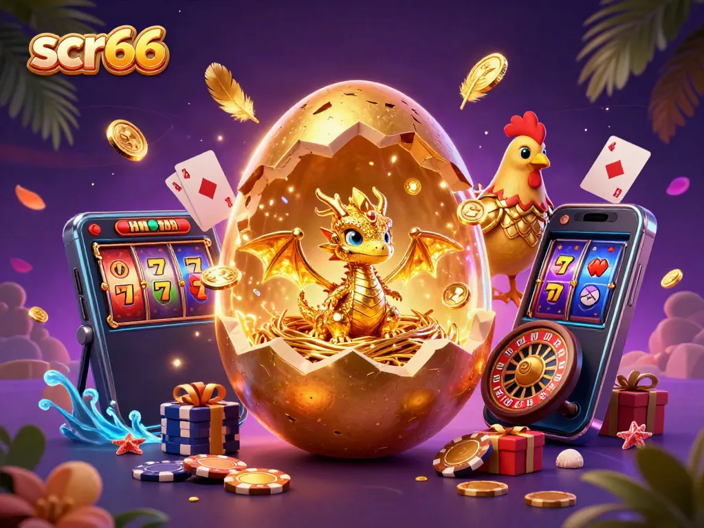 Experience scr66's vibrant gaming with a golden dragon and exciting slots in a rich 3D scene