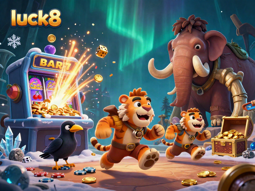 Engage in luck8 online gaming with a lively prehistoric casino scene featuring vibrant games and characters.