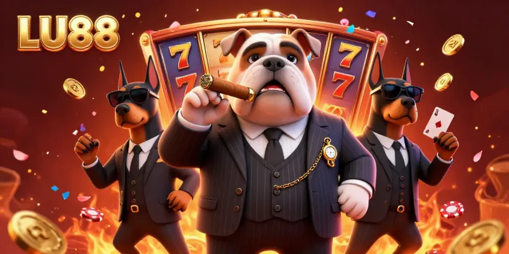 LU88 cartoon mafia boss bulldog and bodyguards celebrate casino gaming excellence with slots and golden coins.