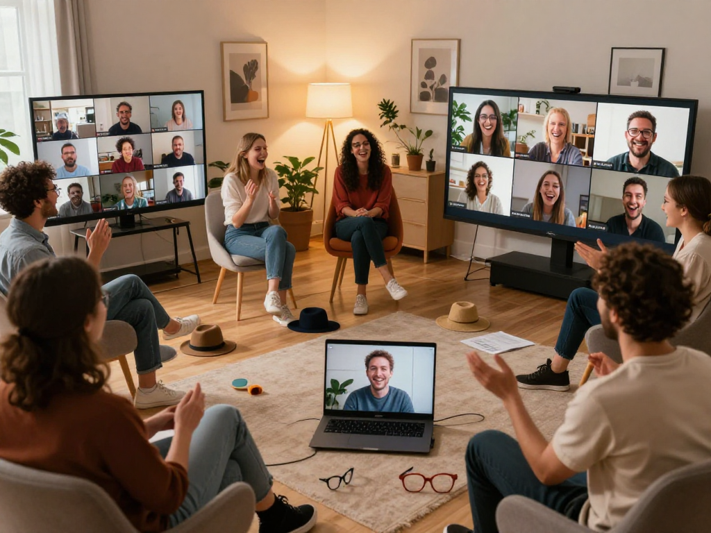 Group of adults participating in online improv classes for adults, showcasing creativity and laughter in virtual settings.