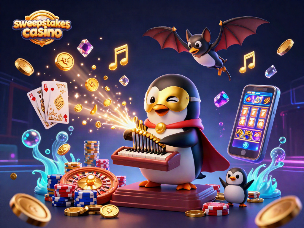 Sweepstakes casino scene with a phantom opera penguin, bat acrobat, and dynamic gaming elements.