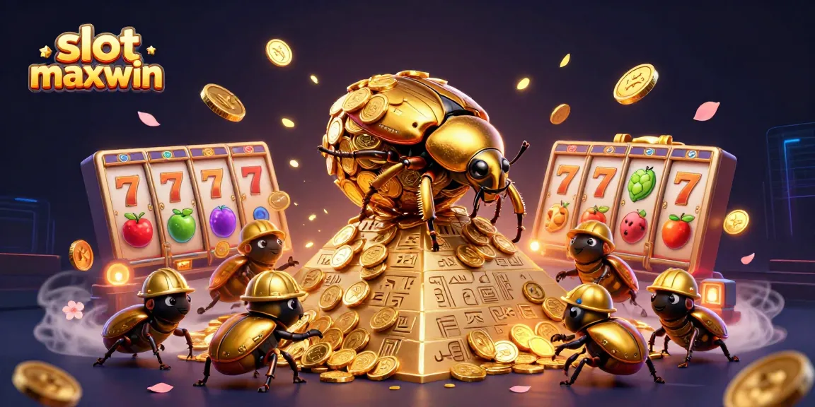 Menangkan slot maxwin dengan kumbang emas yang menggulung koin di latar belakang kasino.