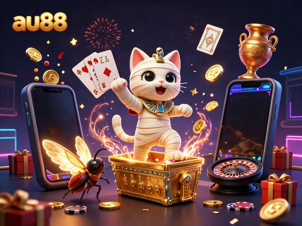 Engage with the fun gaming atmosphere at au88, where playful mummy cats and vibrant slot games come alive!