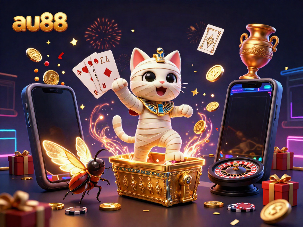 Engage with the fun gaming atmosphere at au88, where playful mummy cats and vibrant slot games come alive!
