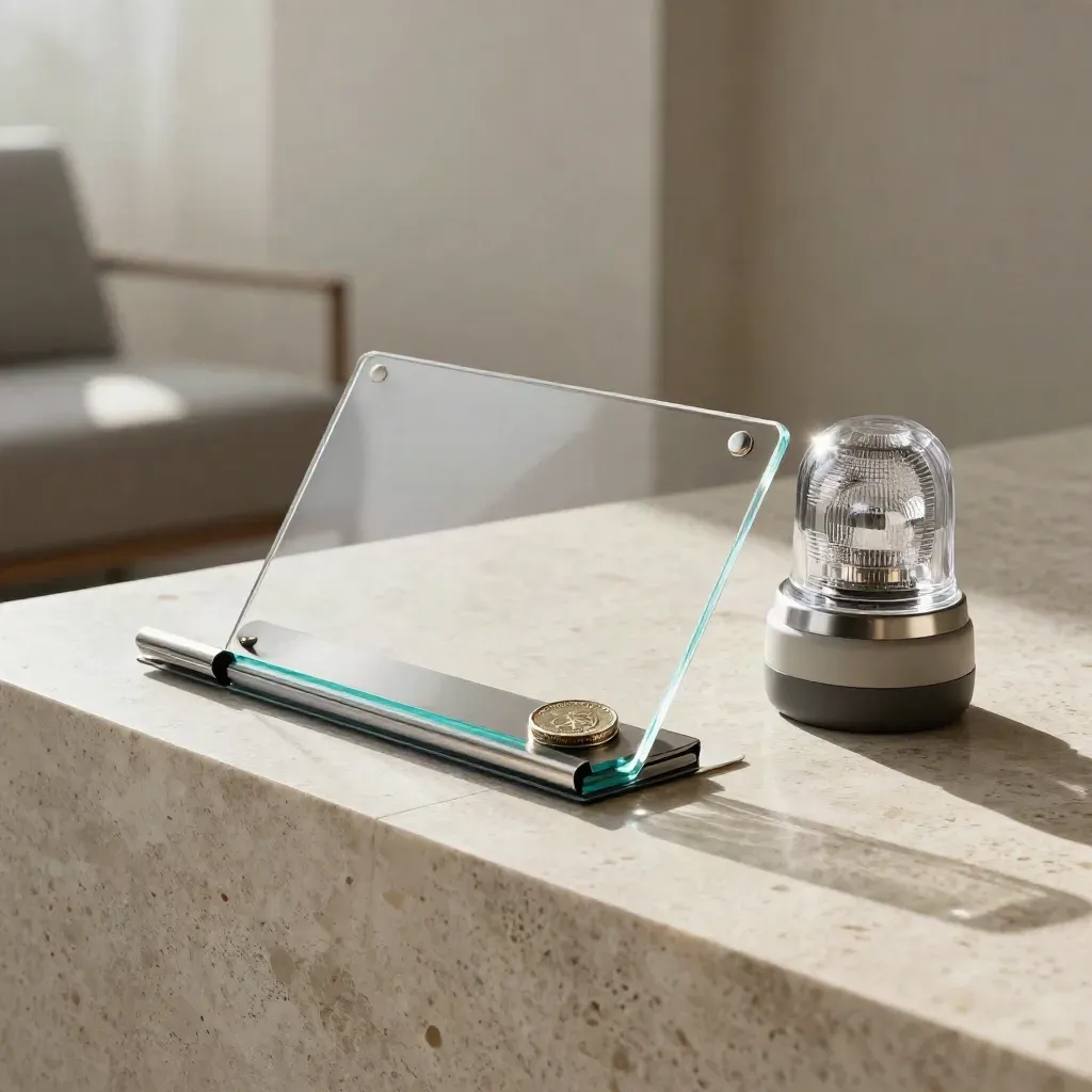 Glass folio, token case, and alert beacon on pale stone with cyan glow