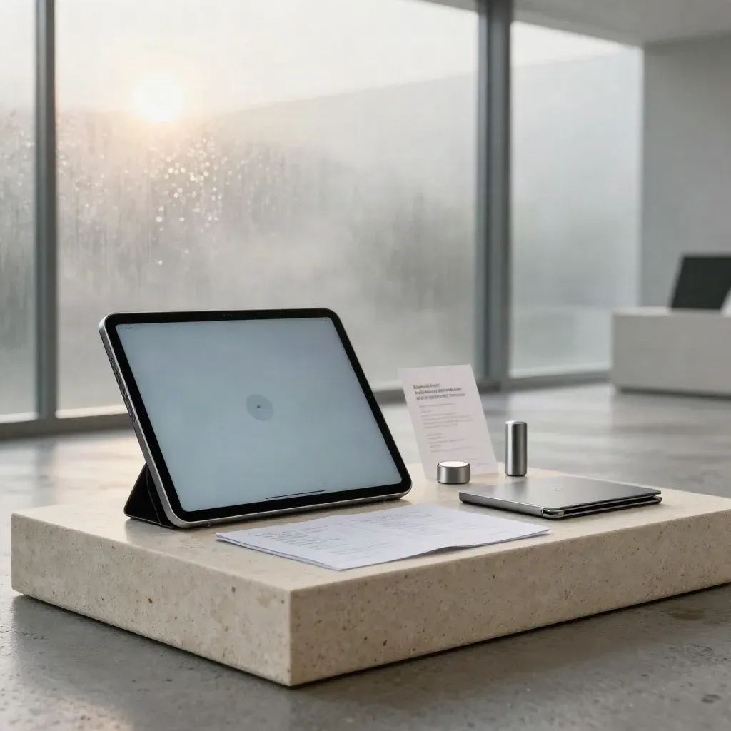 Glass crypto dashboard tablet with token puck and alert beacon on a damp stone plinth at dawn.