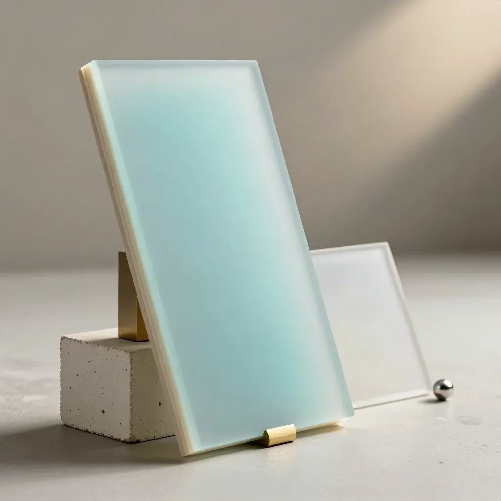 Frosted staking-rate board with brass spacer on cream concrete, glowing in cyan rim light.