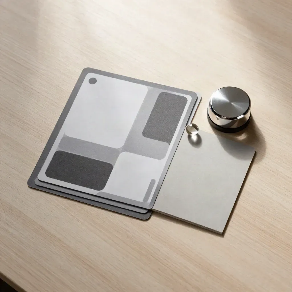 Overhead airdrop kit flatlay with cards, chrome timer puck, note tag and glass bead on pale ash wood.