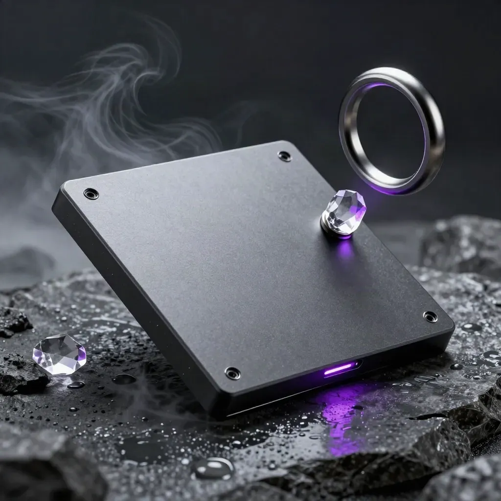 Matte graphite token radar tile on wet basalt with violet-lit crystal shards