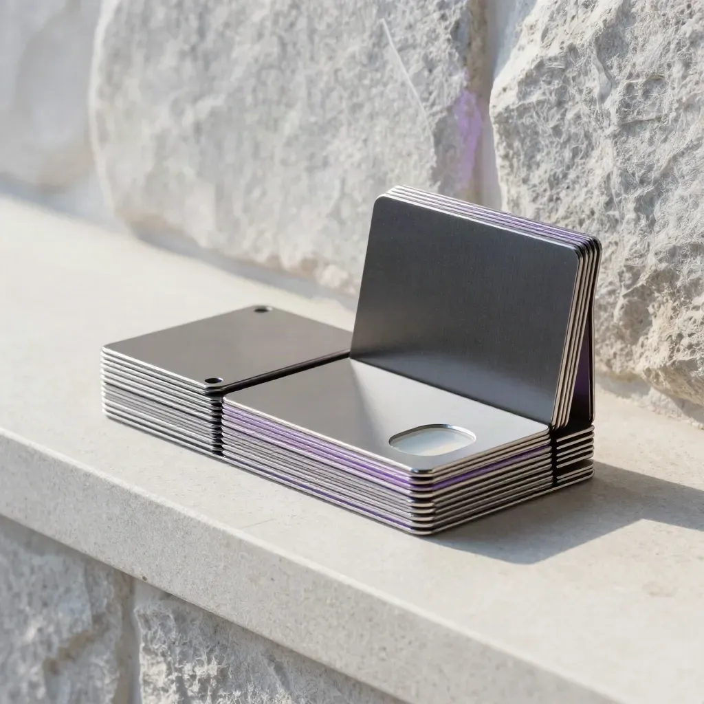 Fanned portfolio pulse card stack with metal clip and status chip on a plaster ledge.