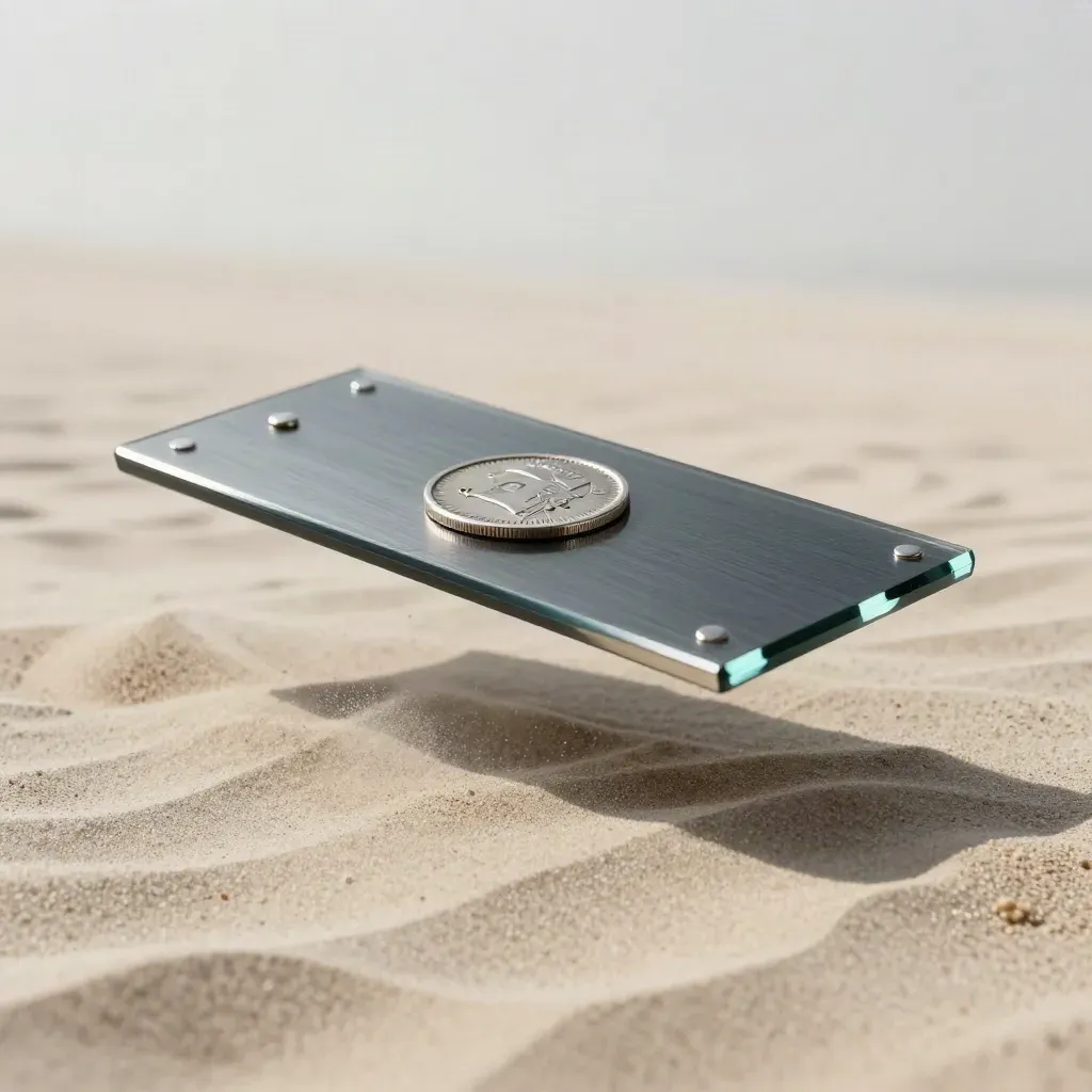 Dark glass tracker slab with coin marker and nodes hovering over sand