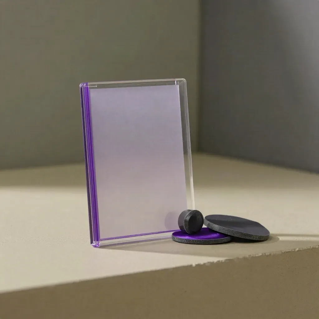 Frosted market-signal sheet in glass sleeve with graphite weight and violet chip on stone ledge