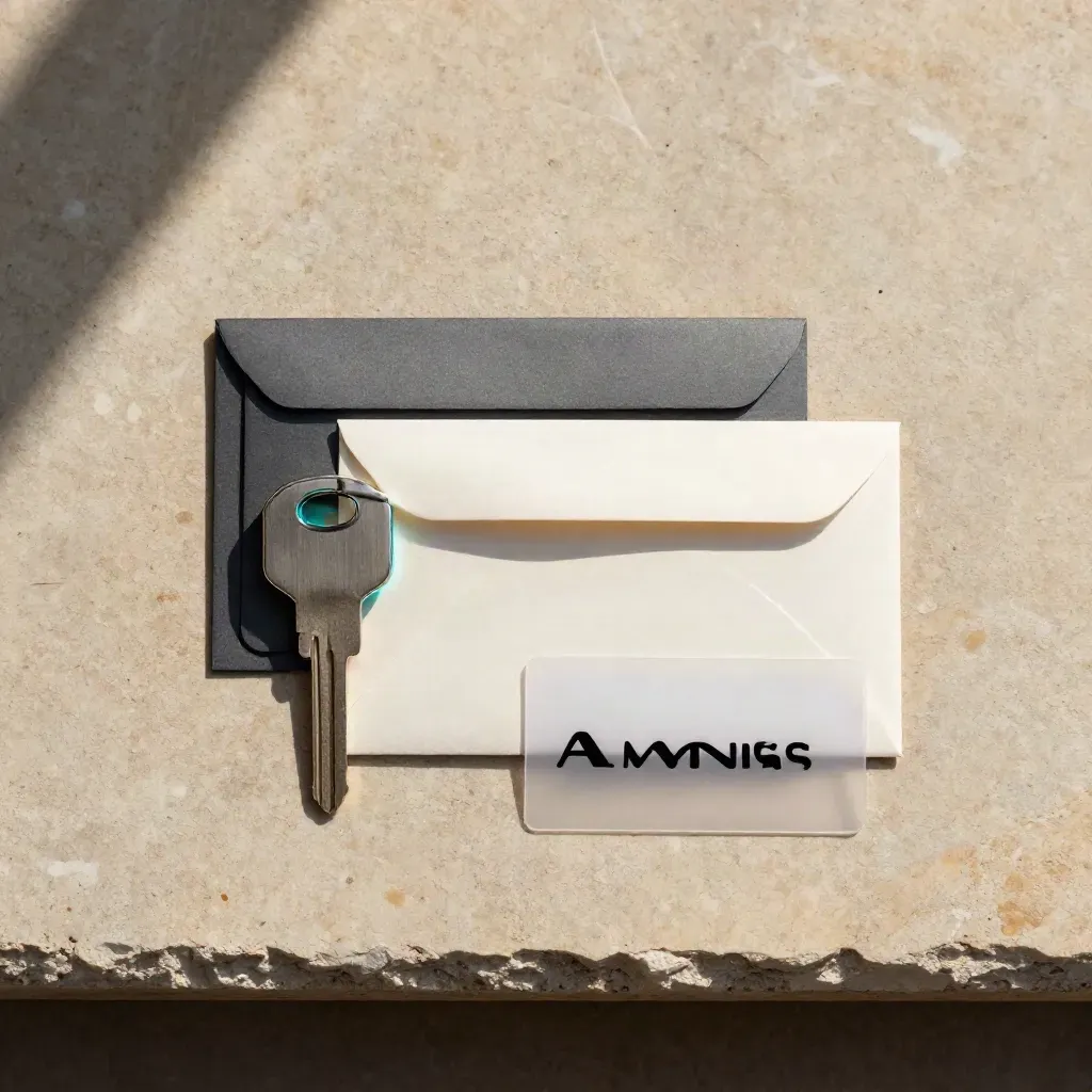 Overhead flatlay of a launch kit tray with key token, stacked tabs and sealed envelope on warm stone.