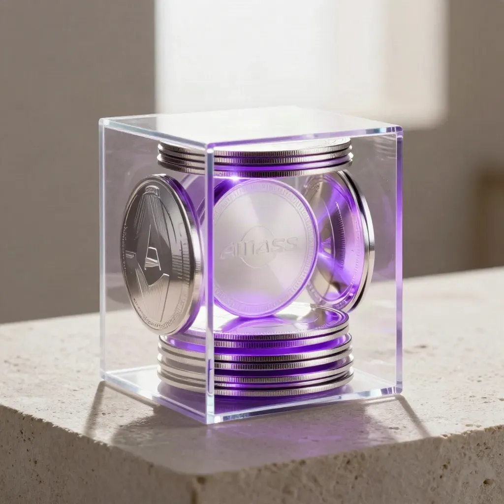 Premium crypto starter bundle with glowing token discs and glass cases on pale stone.