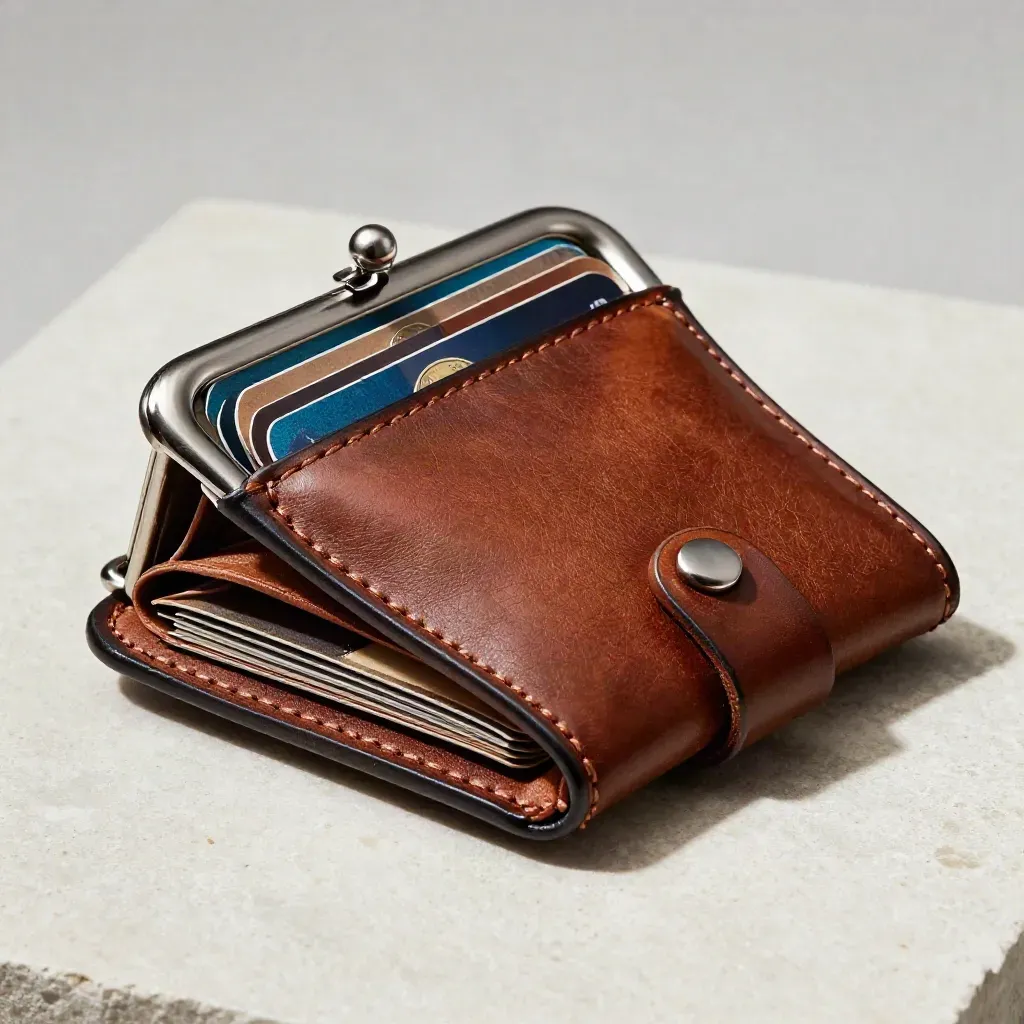 Half-open leather wallet pack with clasp and card sleeves on pale stone, macro close-up.