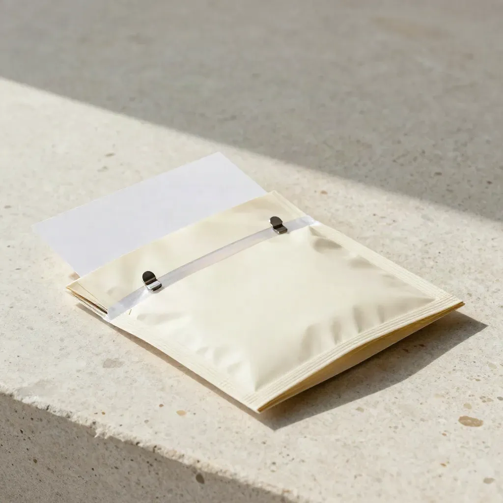 Ivory brief packet with metallic bookmarks on travertine, softly lit in a studio hero shot.