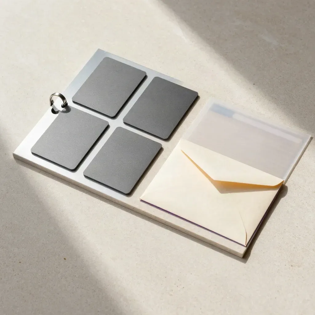 Overhead flatlay of cards, ring, and sealed envelope on pale stone.