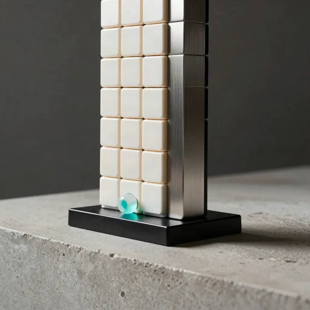 Modular launch-calendar blocks stacked on concrete with a cyan-lit translucent marker puck