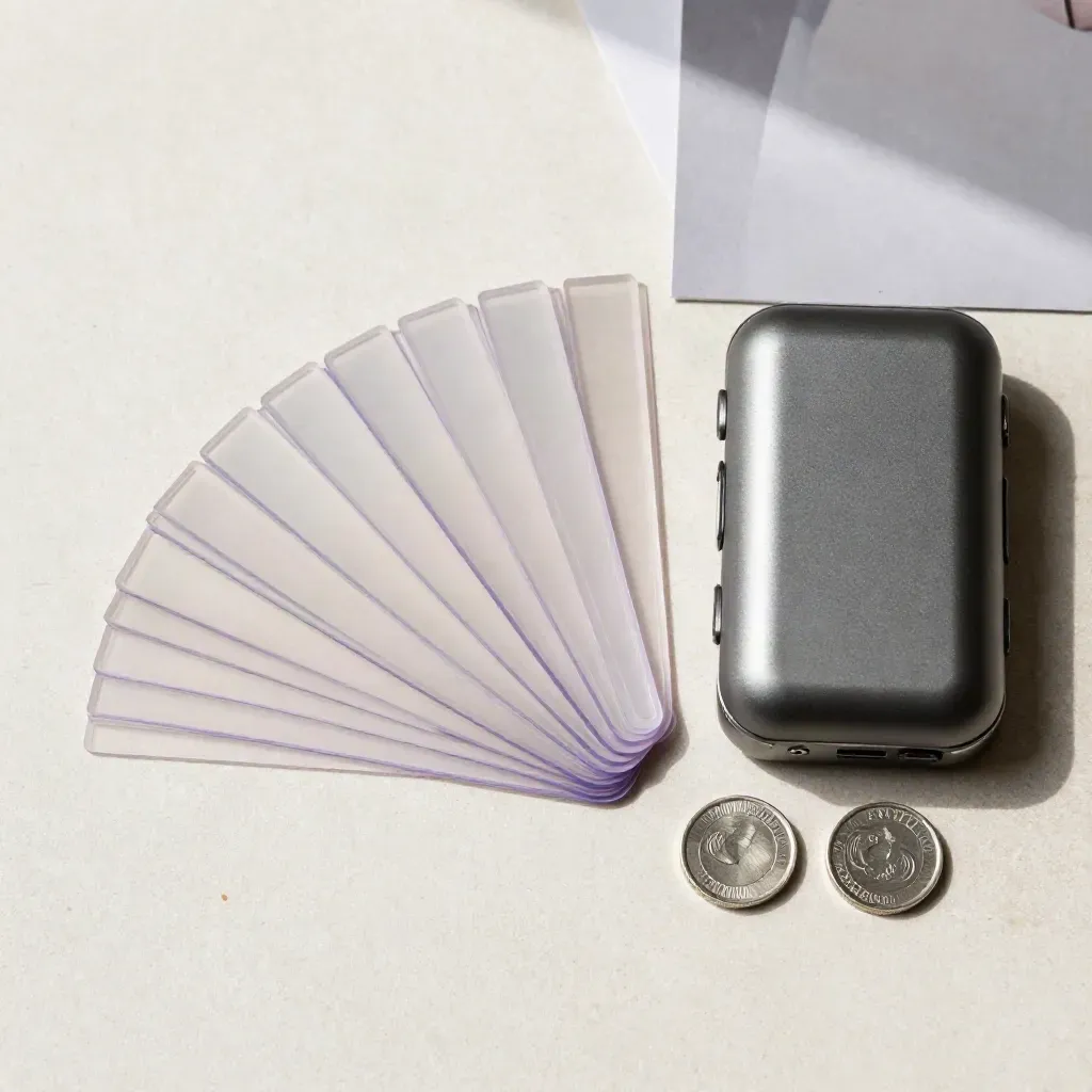 Overhead flatlay of translucent watchlist tabs, graphite case, and two coin markers on pale stone.