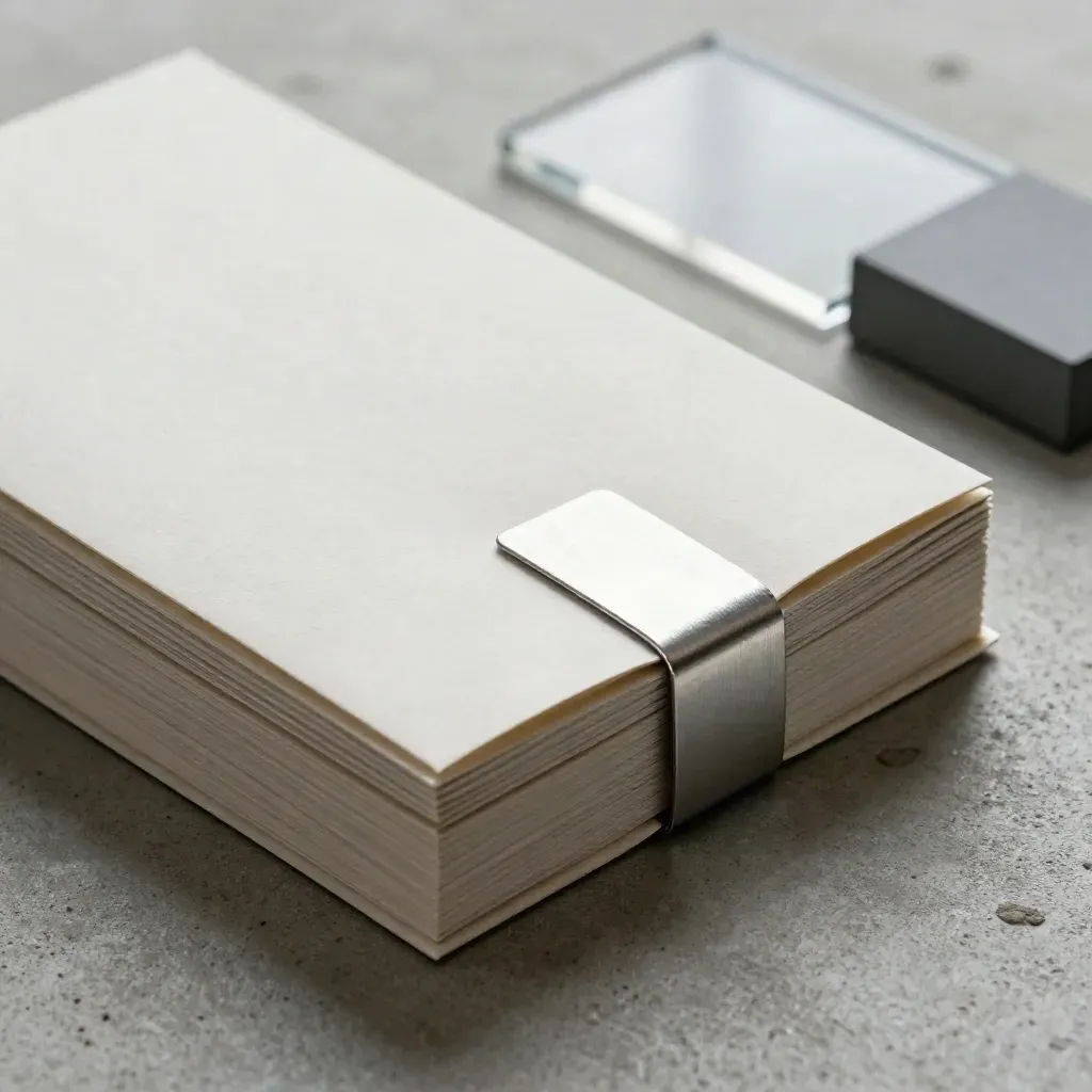 Macro of a sealed founder release packet with silver band and folded insert on concrete.