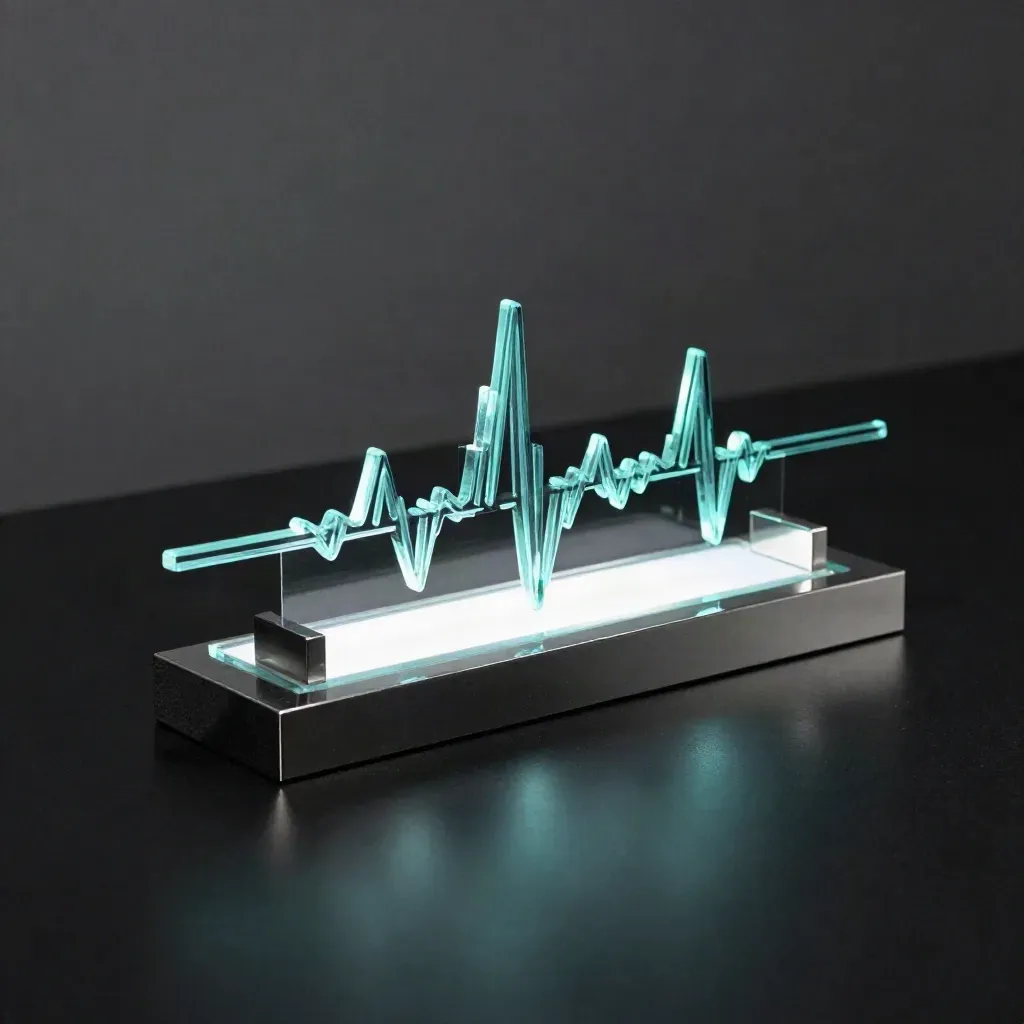 Glass market pulse board glowing cyan on a graphite base, shot dramatically on black.