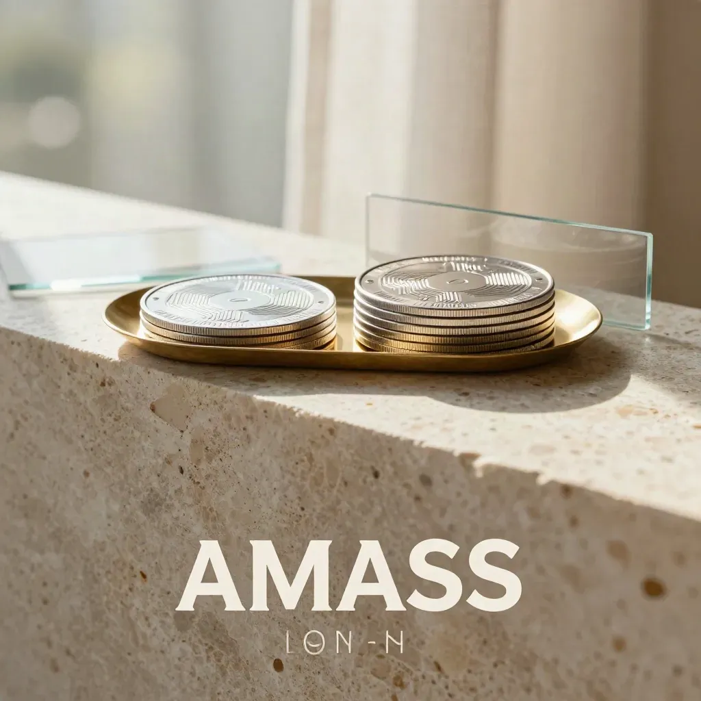 Travertine ledge with silver token discs and brass tray in soft morning light