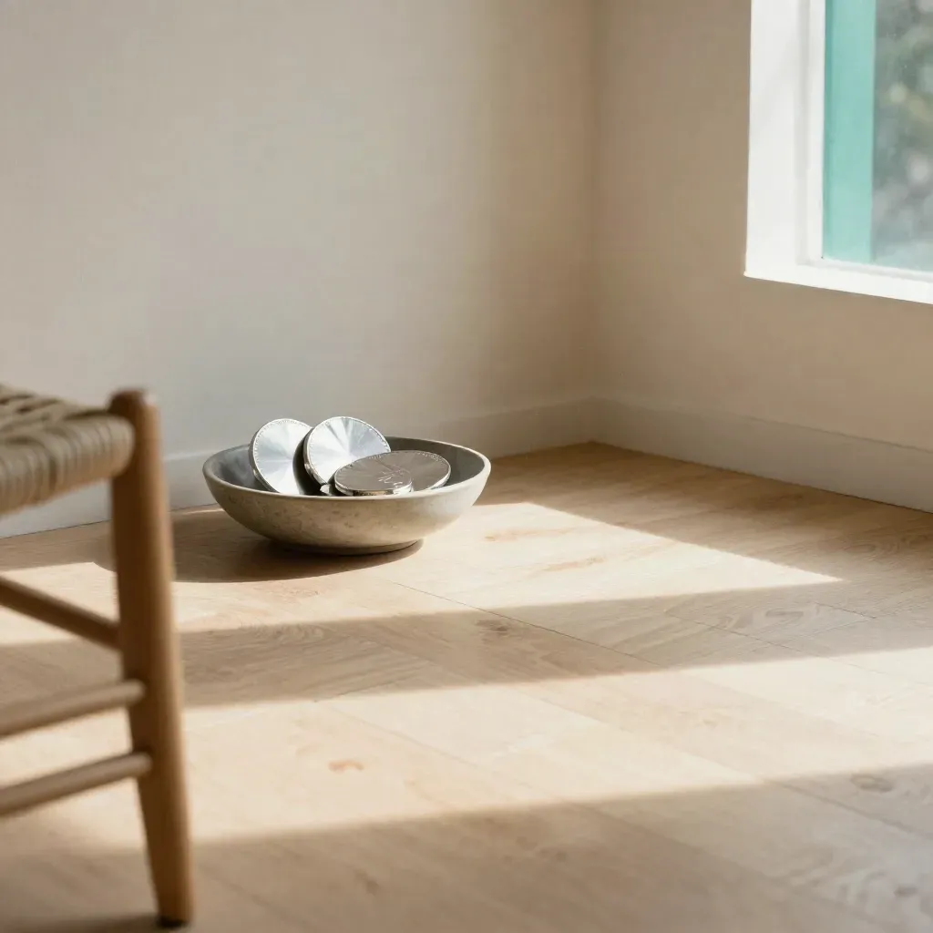 Pale wood niche with woven chair edge, ceramic bowl and silver token discs in soft late-afternoon light.