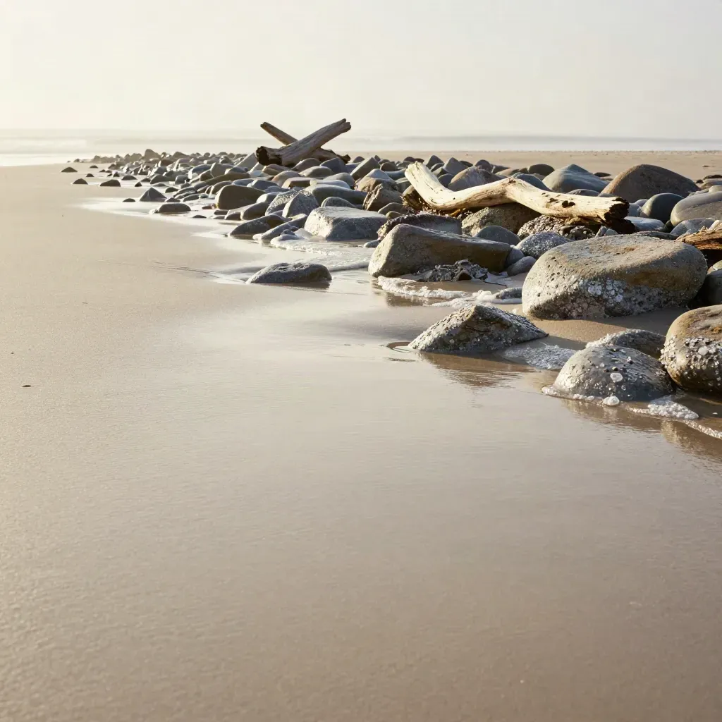 Golden coastal sand, wet stones, driftwood, and sea mist under warm low sun