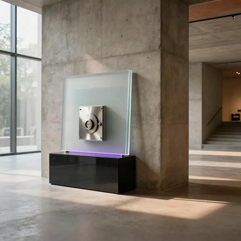 Quiet concrete gallery corner with a glowing crypto dashboard sculpture on a black plinth