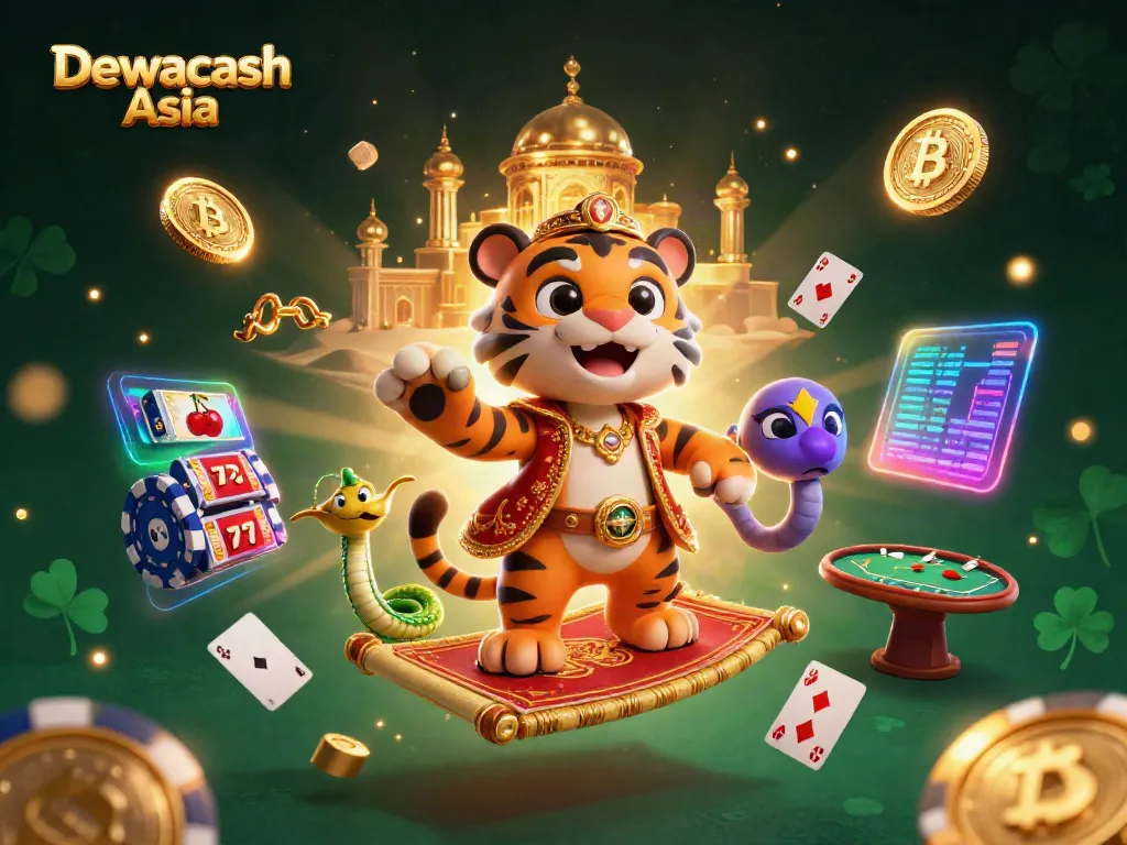Dewacash Asia showcases a vibrant 3D illustration of a tiger sultan and genie in a dynamic casino-themed scene.